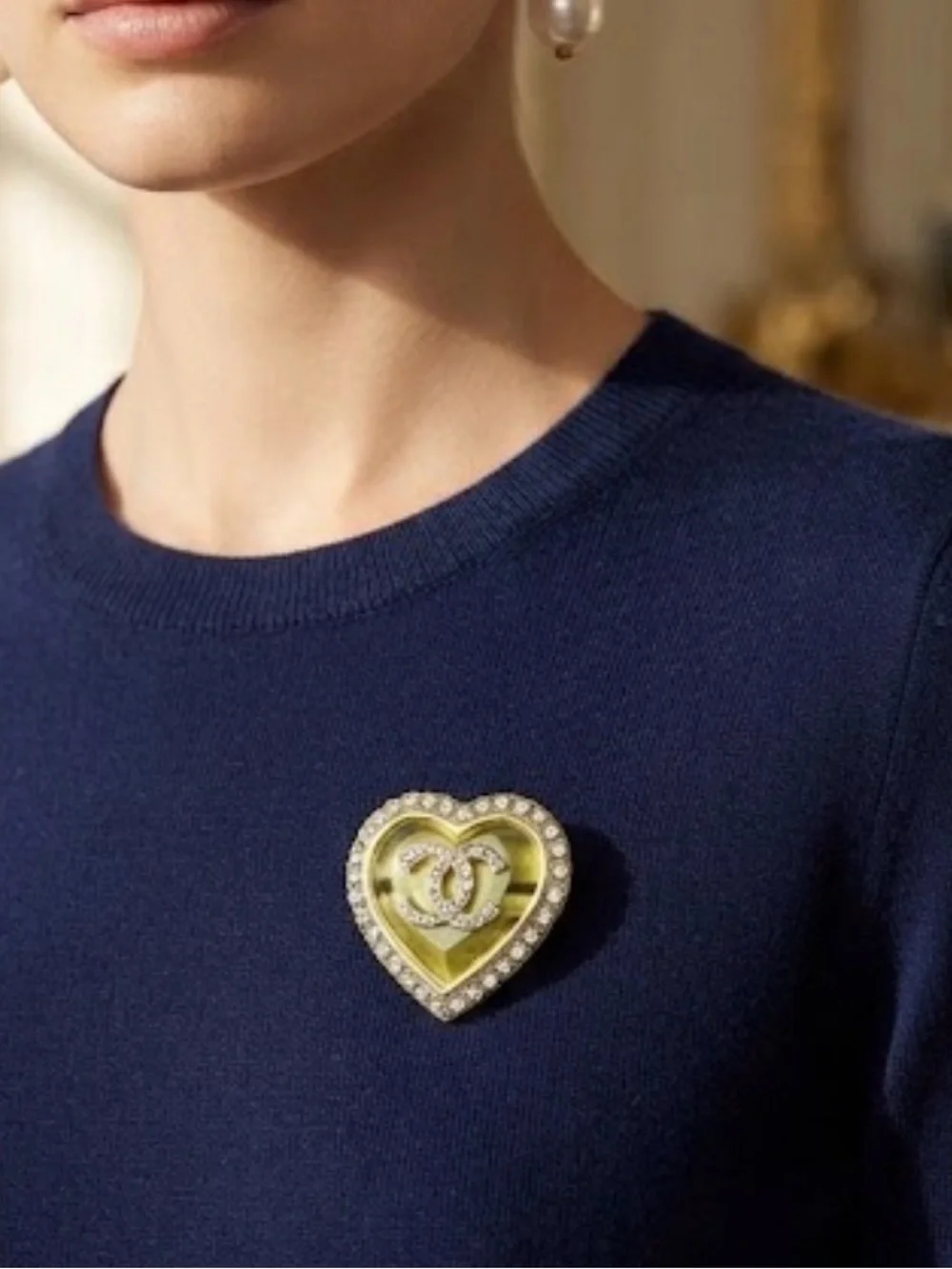 CHANEL Heart Logo Crystal Brooch